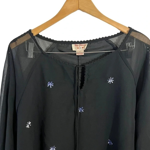 Hot Gossip Blouse 2X Black Sheer Slit Sleeve Blue Sequins Snowflakes Evening Top - Picture 2 of 9